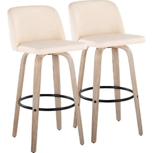 Toriano 30" Swivel Bar Stool in White Washed Wood & Cream Leatherette with Black Footrest (Set of 2)